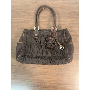 BRIGHTON Purse‎ Camille Black Nylon Ruched Shoulder Bag w/Rosette & Snakeskin